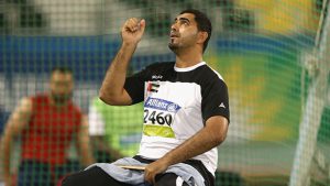 DOHA, QATAR - OCTOBER 31:  Abdullah Hayayei of UAE competes in the men's discus F34 final during the Evening Session on Day Ten of the IPC Athletics World Championships at Suhaim Bin Hamad Stadium on October 31, 2015 in Doha, Qatar.  (Photo by Warren Little/Getty Images)