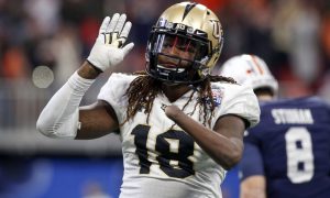 Jan 1, 2018; Atlanta, GA, USA; Central Florida Knights linebacker Shaquem Griffin (18) reacts after a sack against the Auburn Tigers in the second quarter in the 2018 Peach Bowl at Mercedes-Benz Stadium. Mandatory Credit: Brett Davis-USA TODAY Sports ORG XMIT: USATSI-361985 ORIG FILE ID:  20180101_pjc_ad1_089.JPG